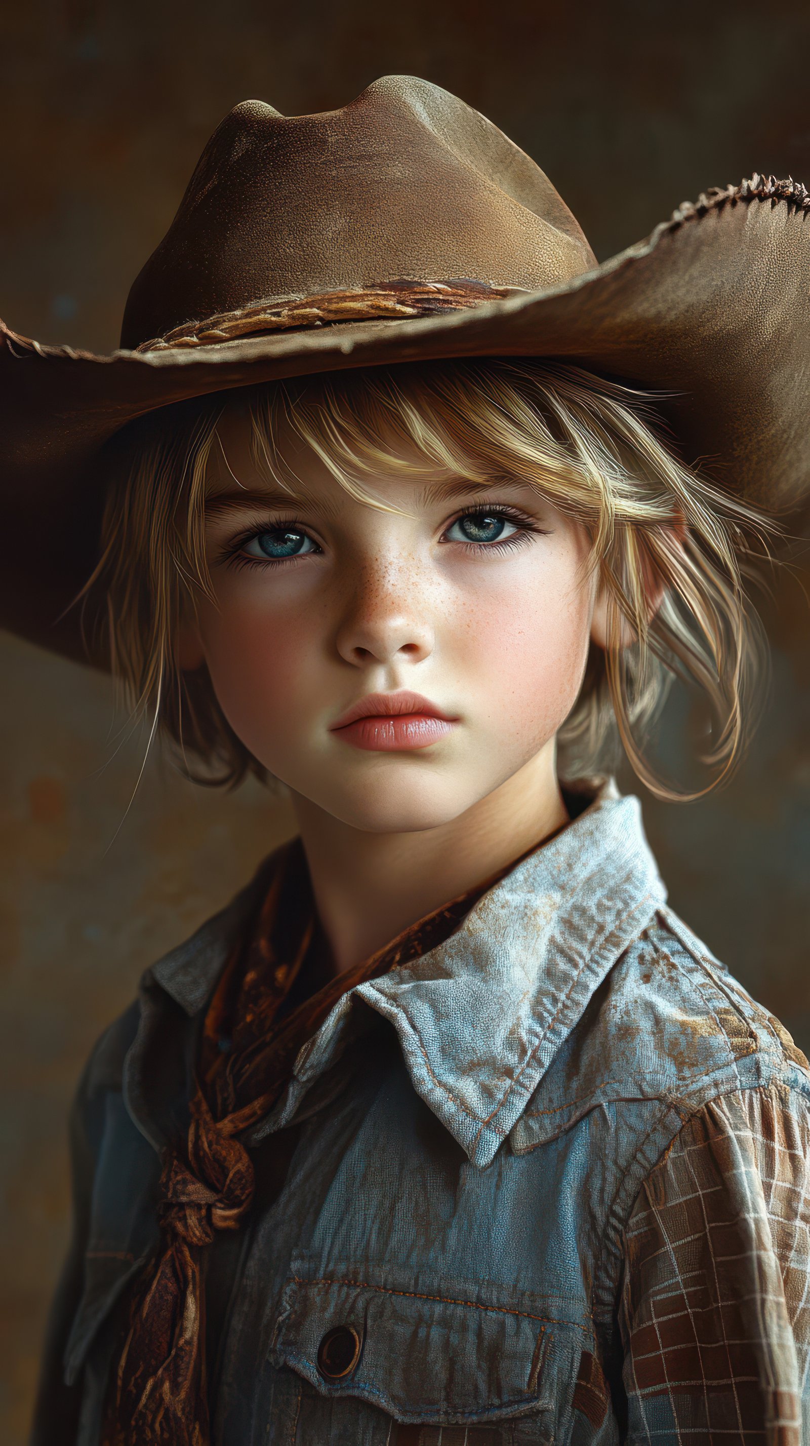 Young child with striking blue eyes wearing a cowboy hat and rustic attire poses for a portrait in warm lighting